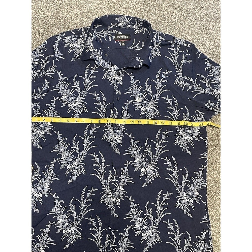 Express Men Shirt XL Extra Slim Navy Blue Floral Hawaiian Button Up Long Sleeve - Picture 5 of 6